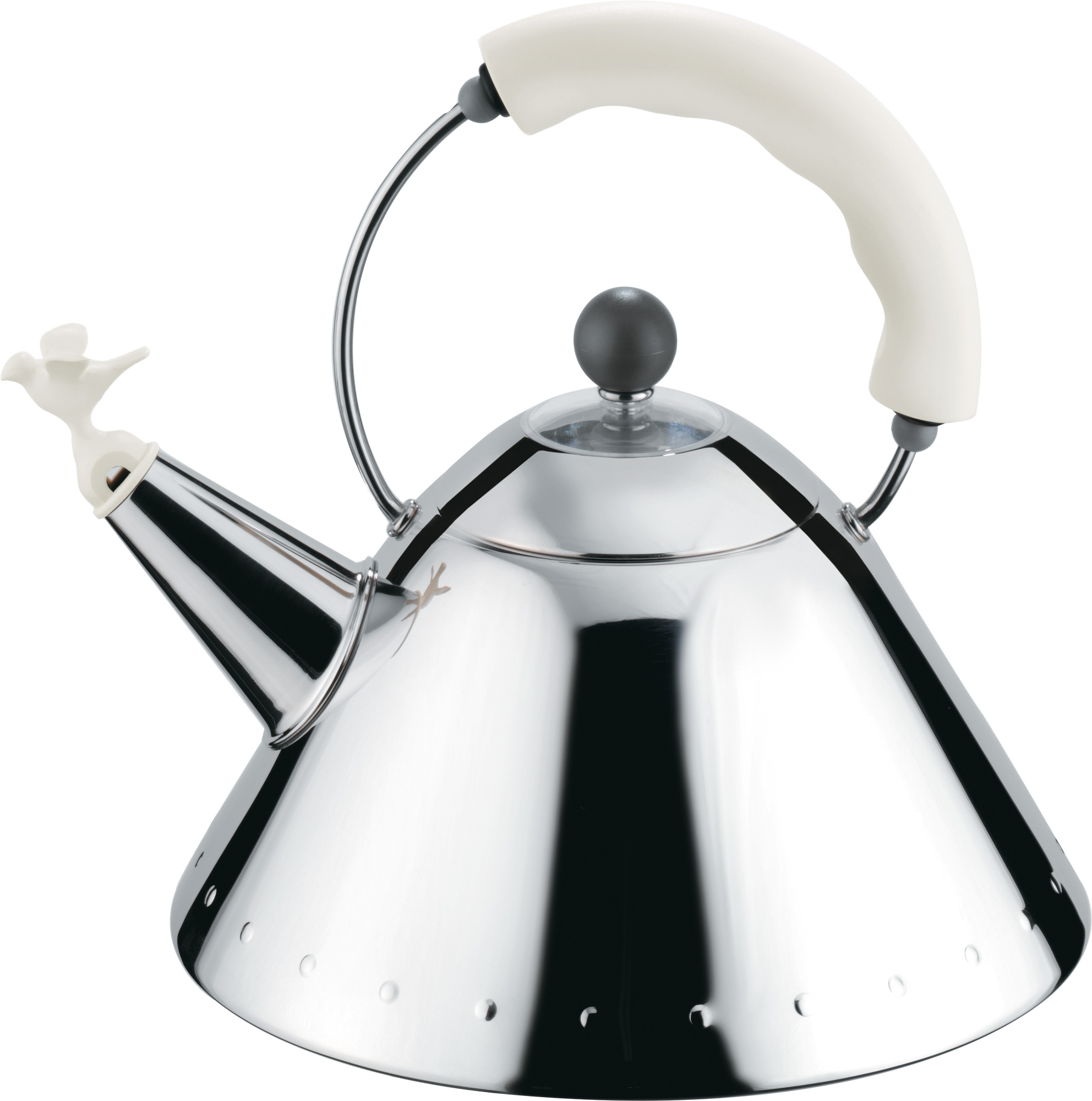 Alessi Wasserkessel 9093 W, weißer Griff, Vogelpfeife, Edelstahl, modernes Küchendesign.