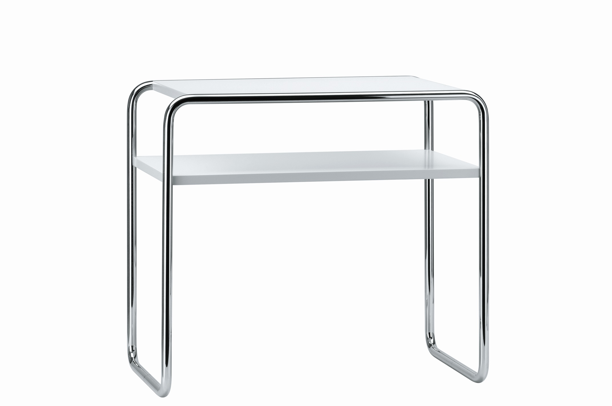 Thonet B 9 Beistelltisch mit Fachboden, Stahlrohrgestell und weißer Ablagefläche. Moderner Designklassiker.