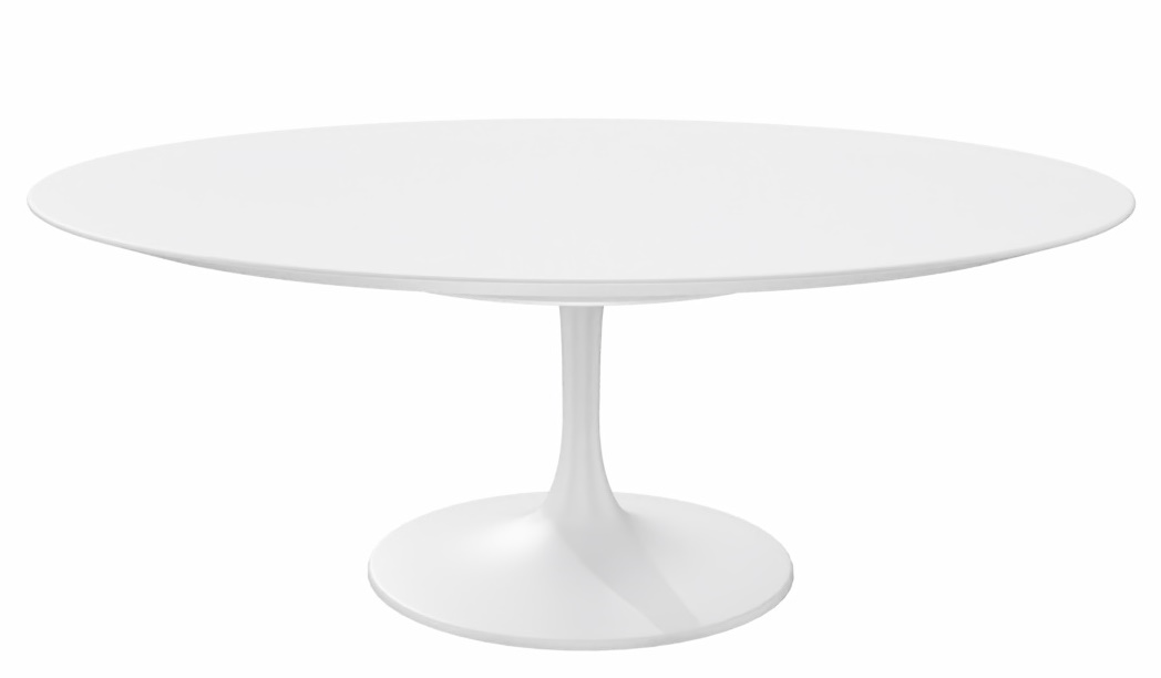 Weißer Saarinen Couchtisch von Knoll International mit ovaler Tischplatte und zentralem Fuß.
