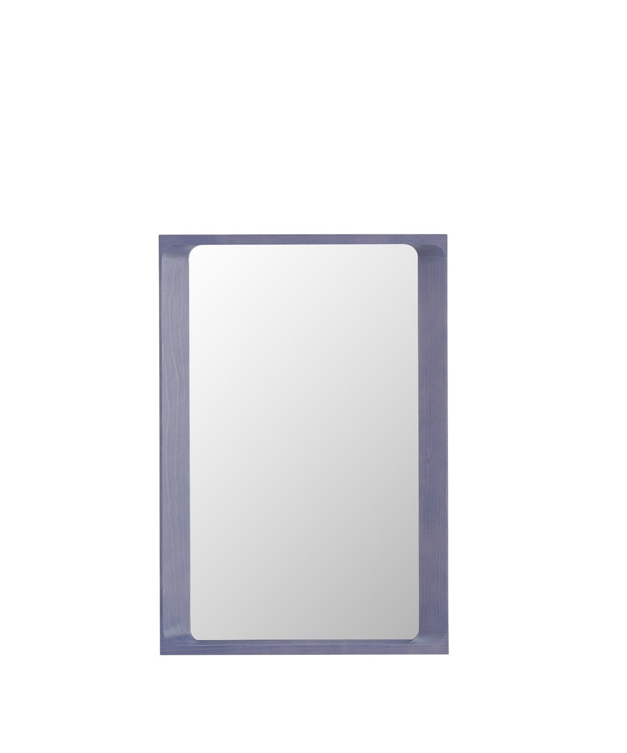 Rechteckiger Muuto Spiegel "Arced Mirror" mit abgerundeten Ecken und blauem Holzrahmen.