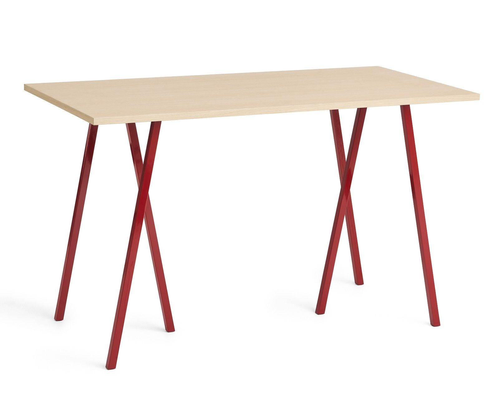 Hay Loop Stand Tisch mit hellem Holz und roten Beinen, Esstisch oder Schreibtisch.