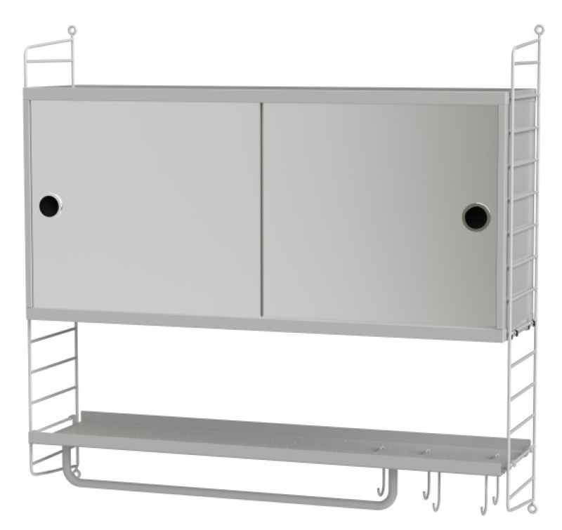 String Badezimmer Wandregal mit Schiebetüren, Handtuchhalter und Ablage in Grau.