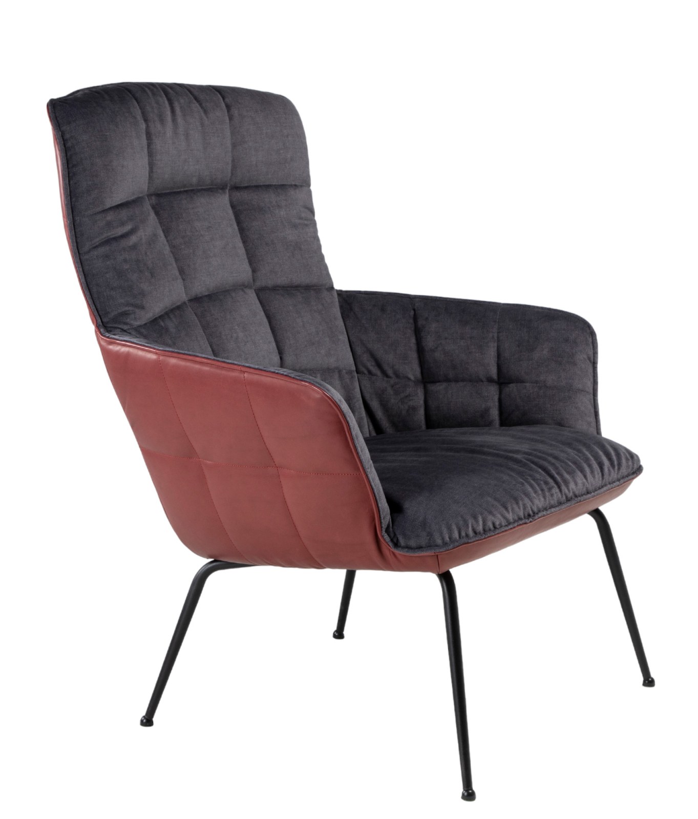 Marla Easy Chair: Hochwertiger Sessel der Freifrau Manufaktur in Grau und Rot mit schwarzem Gestell.