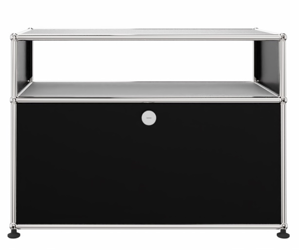 USM Haller Beistellmöbel graphitschwarz mit Schublade und offenem Fach, modernes Design für Wohnzimmer und Büro.