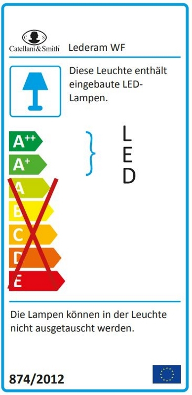 Energielabel der LED-Wandleuchte Lederam WF von Catellani & Smith mit Energieeffizienzklasse A++ bis E.