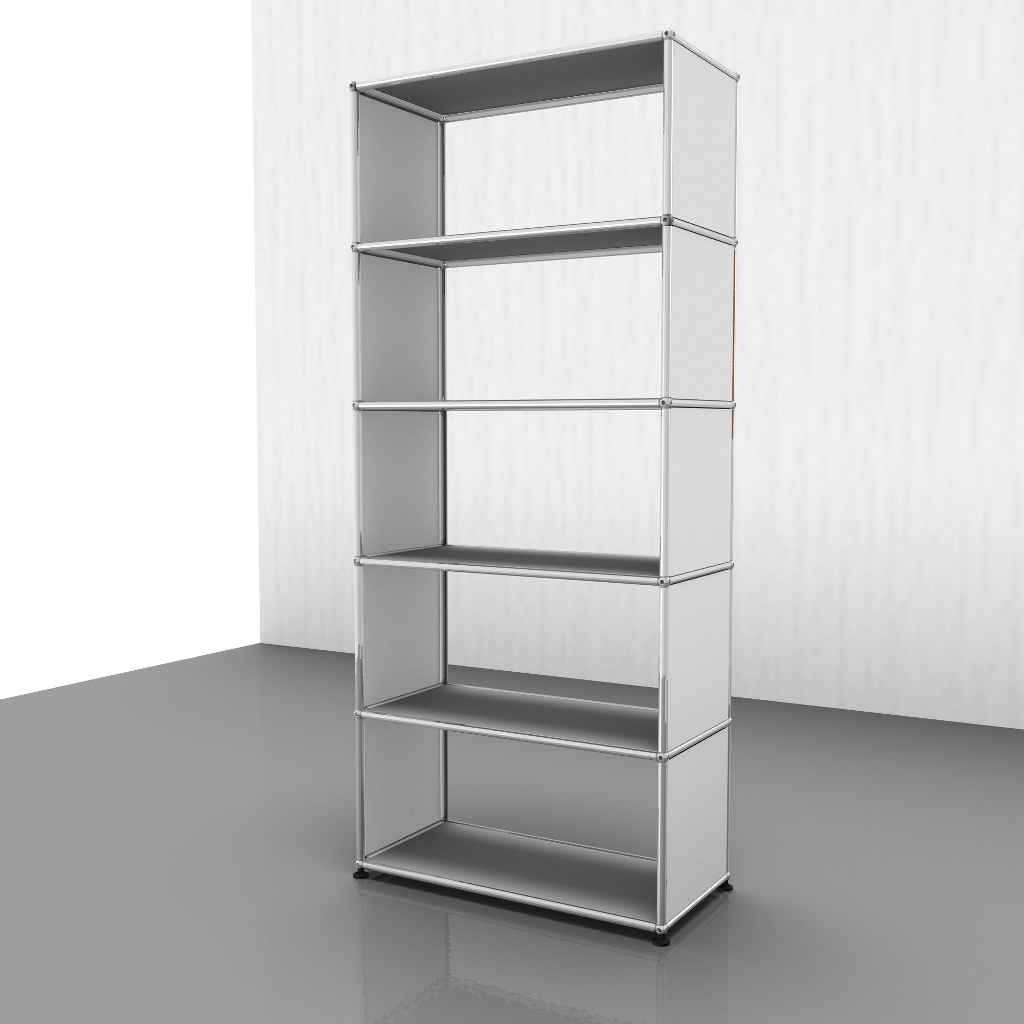 USM Haller Regal in Reinweiß mit fünf Fächern, modernes modulares Design für Wohnen und Büro.