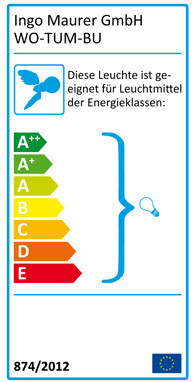 Wo-Tum-Bu 2 Stehleuchte von Ingo Maurer: Energieeffizienzlabel mit Angaben zu Energieklassen und Leuchtmitteleignung.