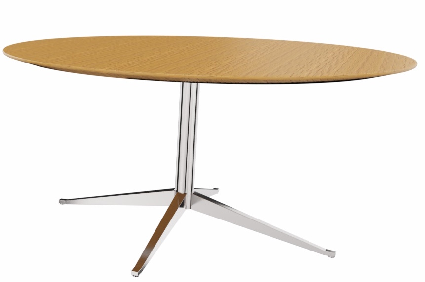 Florence Knoll runder Tisch mit Holzplatte und verchromtem Fuß, modernes Designmöbel.