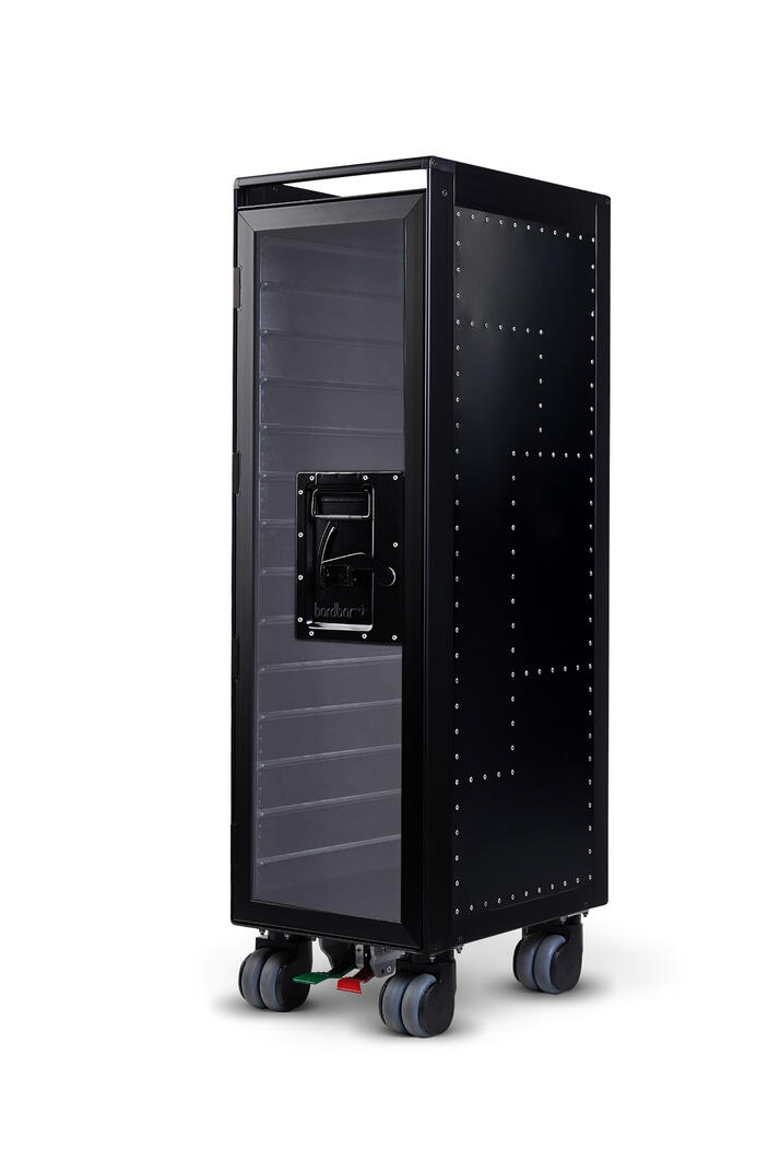Schwarzer Rivet Rocker Flugzeugtrolley mit transparenter Tür, ideal als stylische Bordbar für Zuhause.