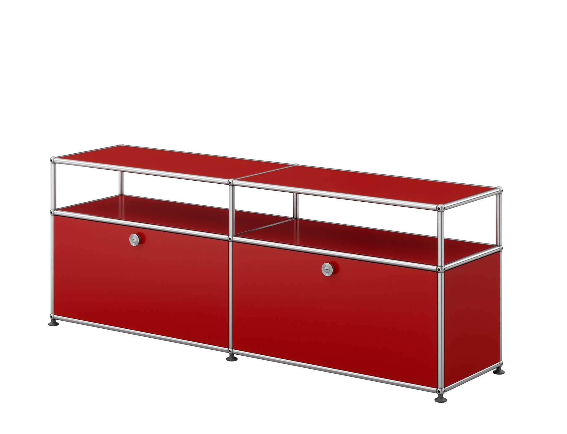 Rotes USM Haller Sideboard mit zwei Fächern und verchromtem Gestell für TV und Hi-Fi.