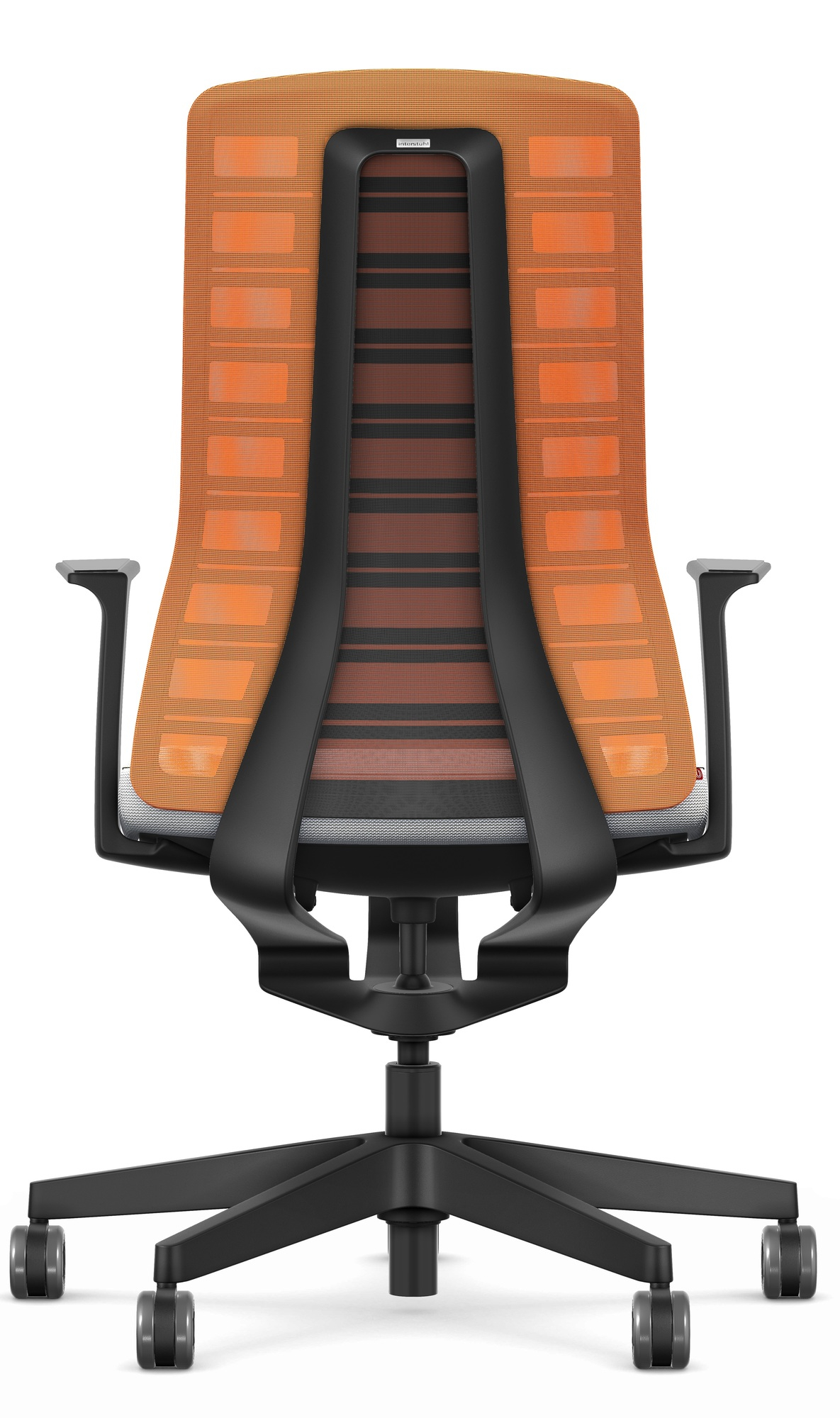 Rückansicht des Interstuhl Pure Edition Bürostuhls mit orangefarbener Netzrückenlehne und hellgrauem Sitz.