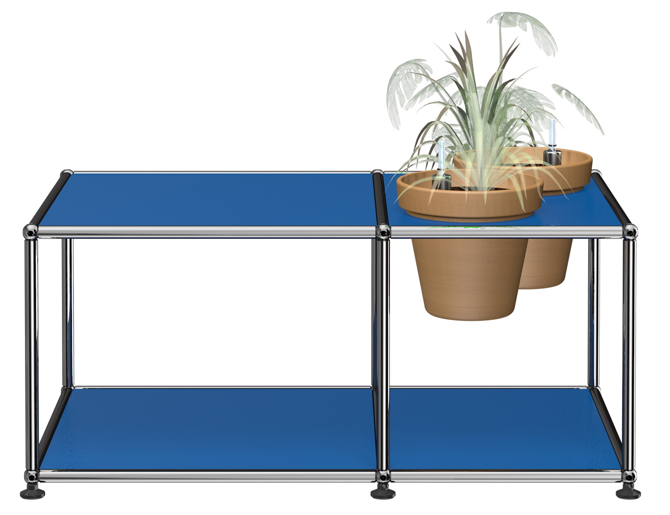 Pflanzenwelten Beistelltisch: USM Haller ähnlicher Tisch in Enzianblau mit zwei Blumentöpfen.