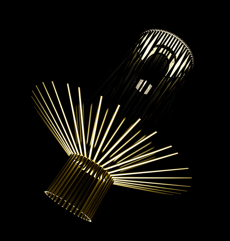 Allegro Assai Deckenleuchte von Foscarini: Moderne Design Lampe mit goldenen Pendelstäben und hellem Licht.