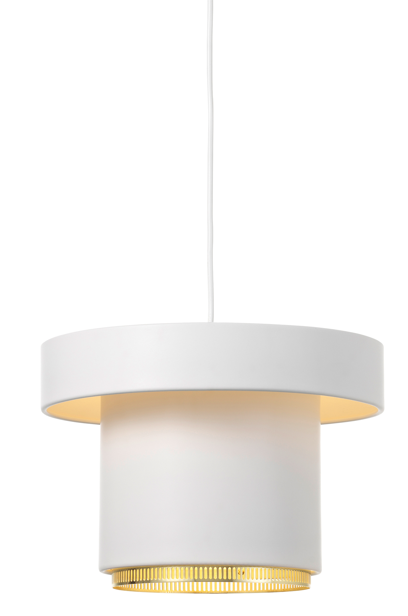 Weiße A201 Pendelleuchte von Artek mit Messingdetails, moderne Hängelampe für Wohnräume.