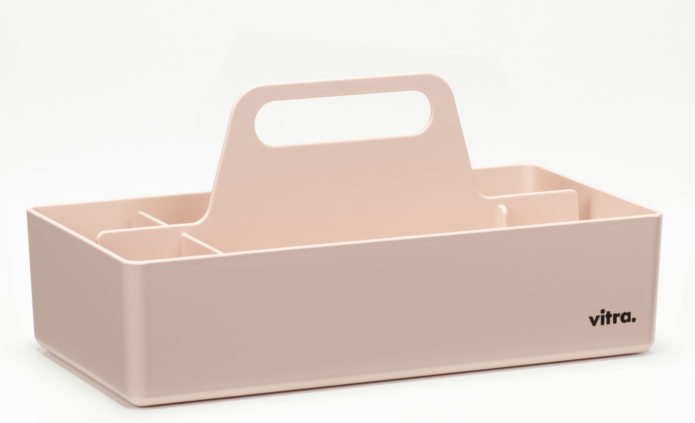Vitra Toolbox RE, zartrosa Organisationsbox mit Fächern und Tragegriff für Büro und Zuhause.