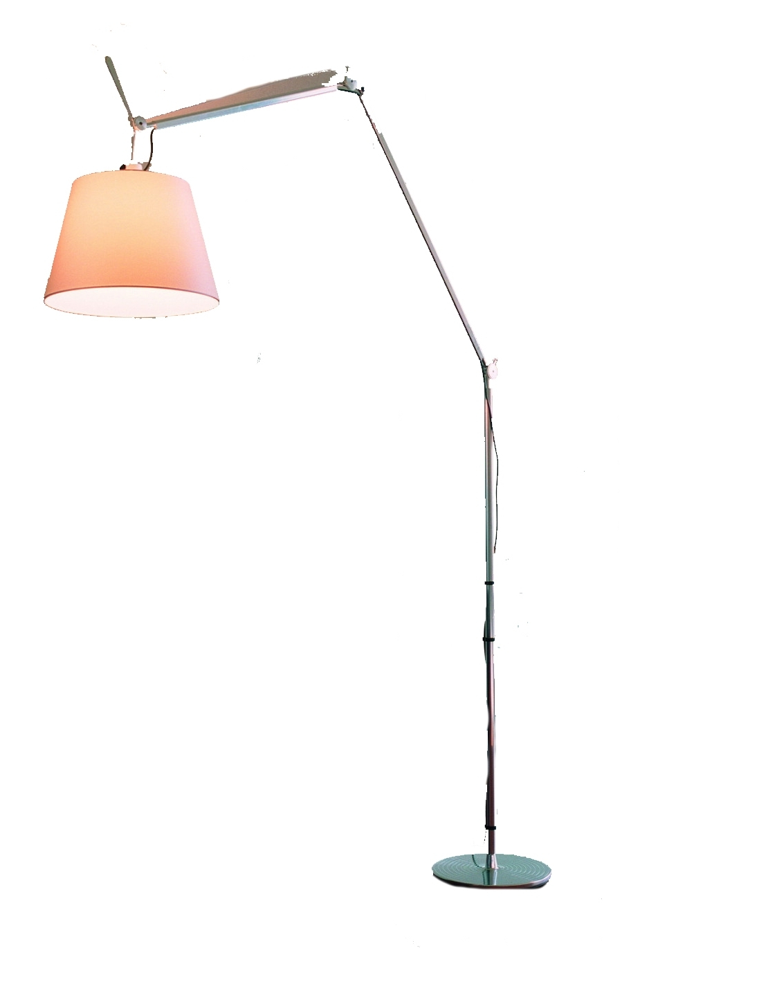 Artemide Tolomeo Mega LED Stehleuchte mit beigem Lampenschirm, Standfuß und verstellbarem Arm.