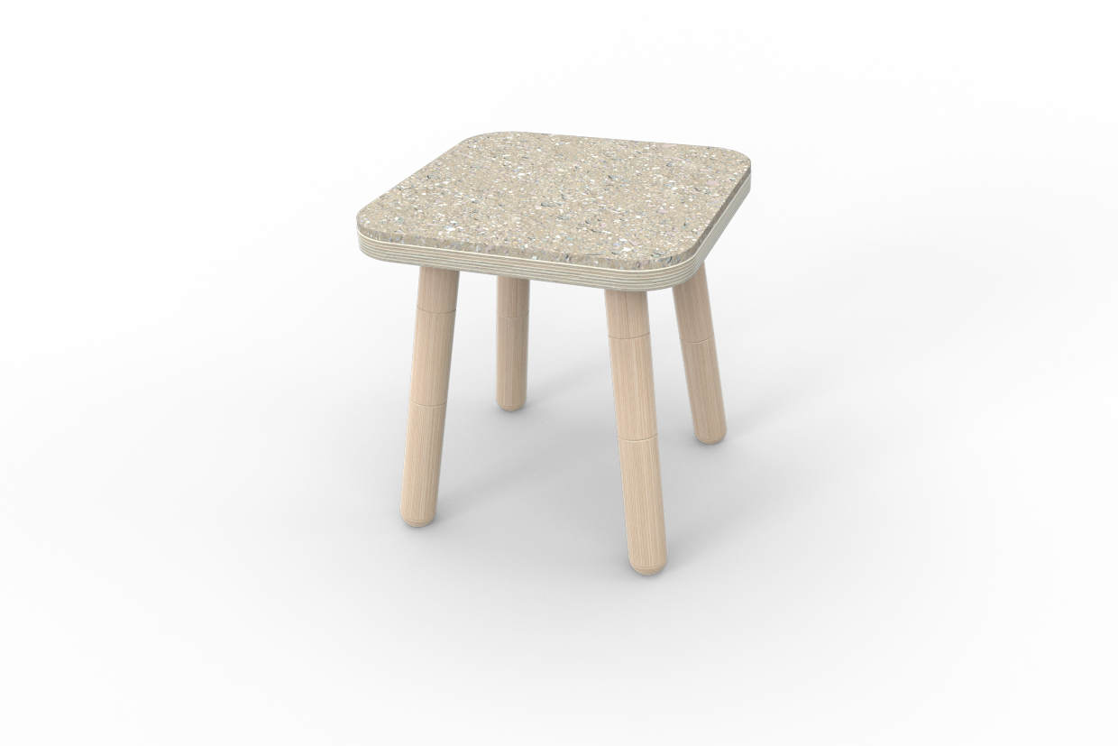 Quadratischer Hocker mit beiger Sitzfläche und hellen Holzbeinen, passend für Growing Table.