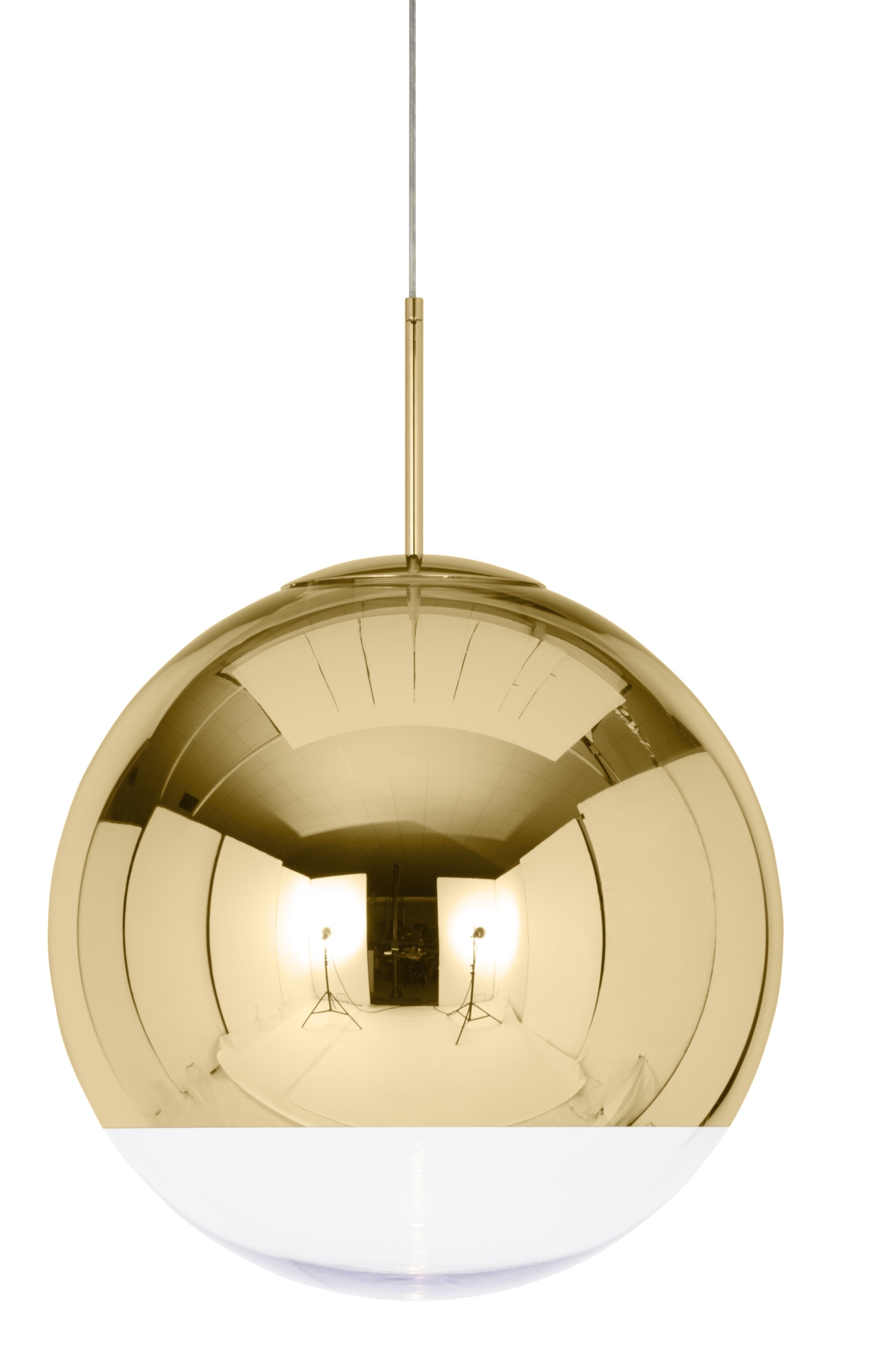 Goldene Mirror Ball Hängeleuchte, Design Lampe mit verspiegelter Oberfläche und weißem Diffusor.