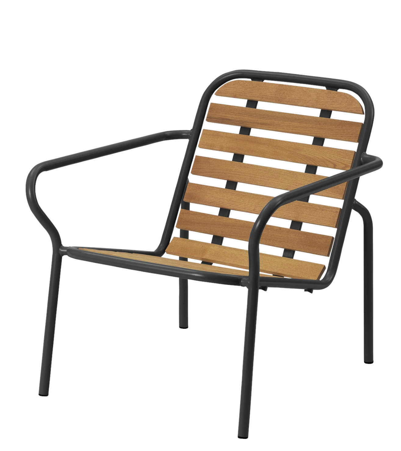 Vig Lounge Chair Wood Sessel von Normann Copenhagen für den Außenbereich, Holzlatten und dunkles Gestell.