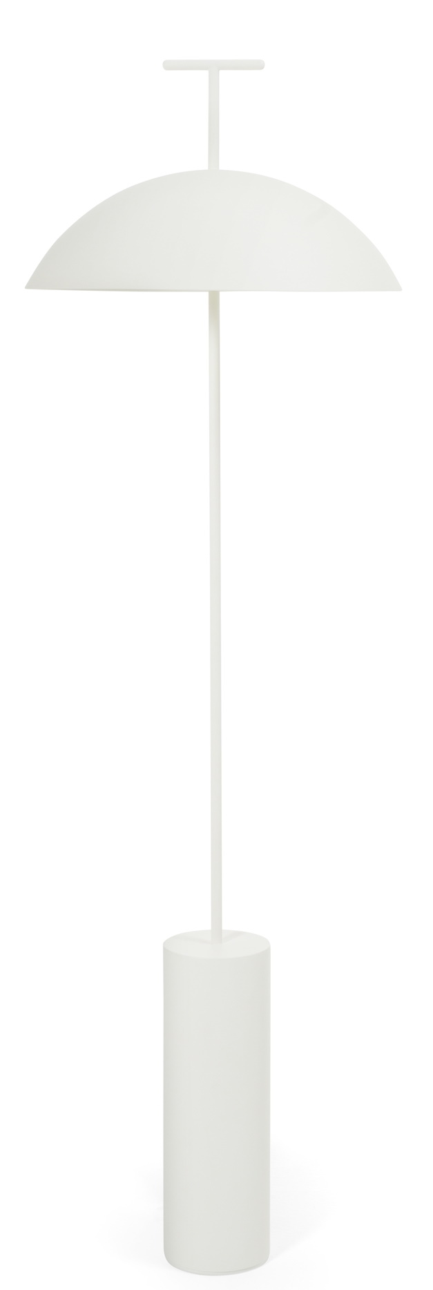 Weiße Geen-A Stehleuchte von Kartell mit rundem Lampenschirm und zylindrischem Fuß.