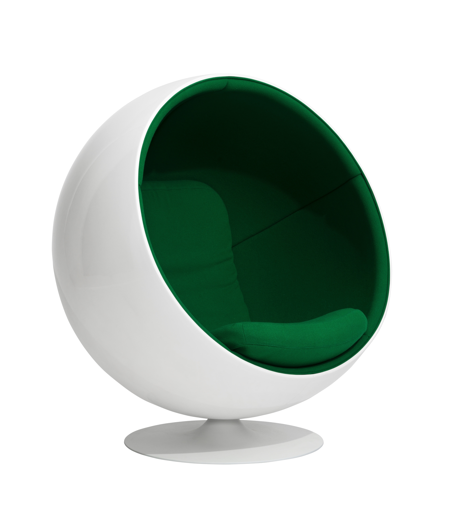 Weißer Ball Chair Sessel mit grüner Polsterung, ein Designklassiker von Eero Aarnio.