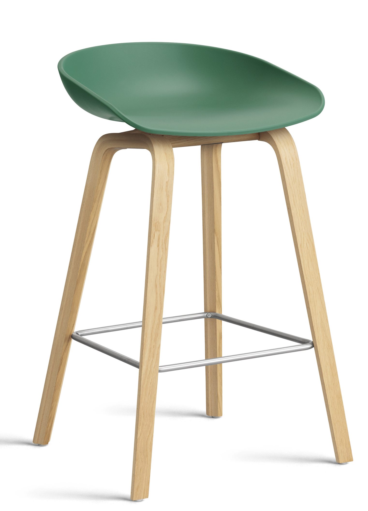About a Stool AAS32 Barhocker in Teal Green mit Holzbeinen und Fußstütze.