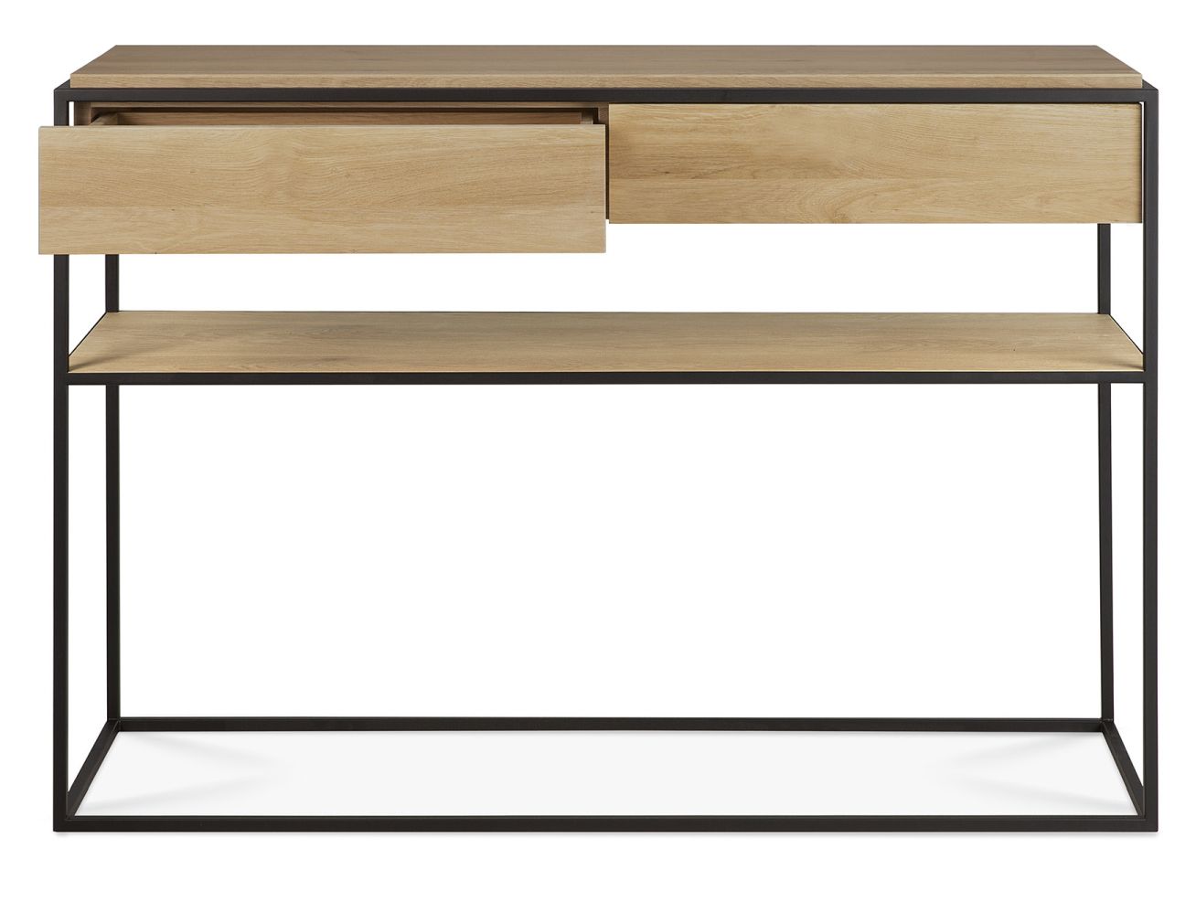 Monolit Konsole von Ethnicraft aus Eiche mit schwarzem Metallgestell und zwei Schubladen.