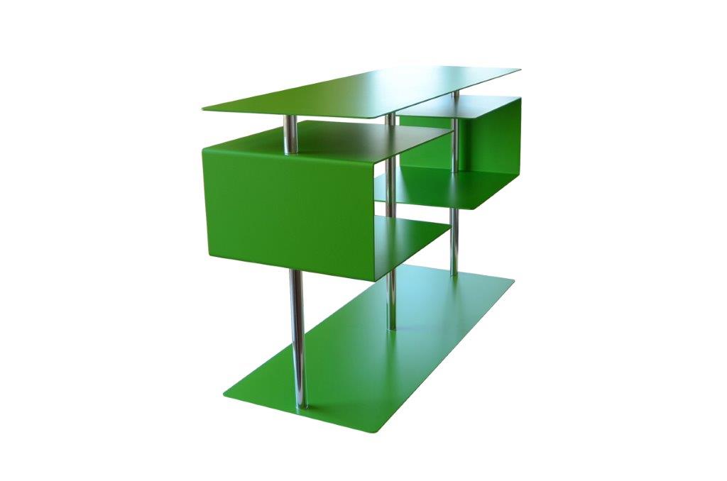 X-Centric II Radius Beistelltisch: Moderner, grüner Metalltisch mit Ablageflächen und Chrombeinen für Wohnzimmer und Büro.
