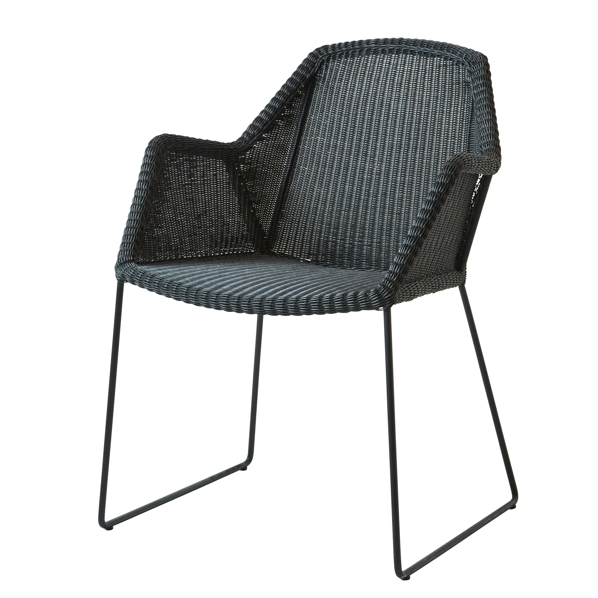 Schwarzer Breeze Outdoor Stuhl von Cane-Line mit Kufengestell, ideal für Garten und Terrasse.
