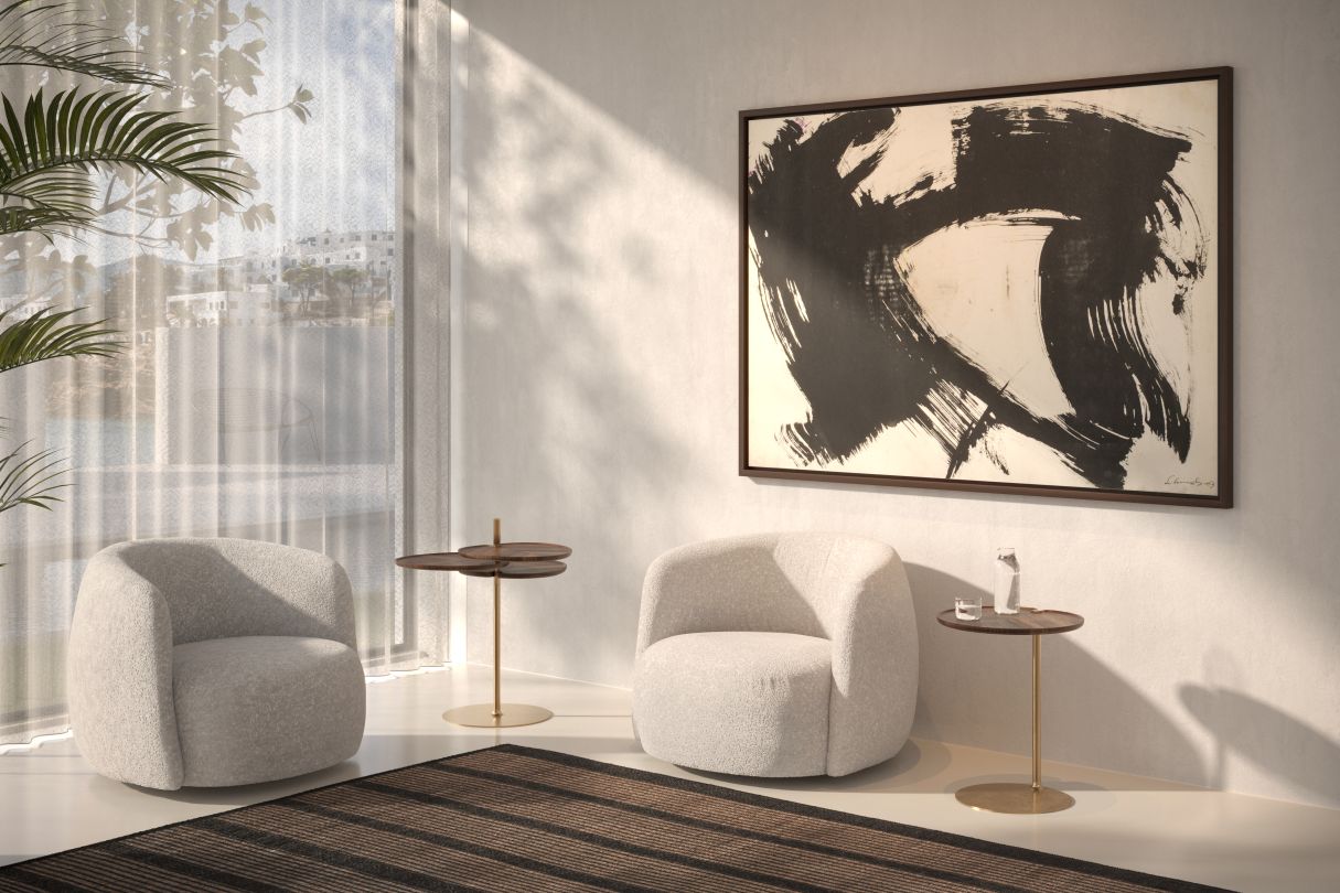 Wohnzimmer-Szene mit zwei Sesseln und Leaf 3 Side Table Beistelltischen von PER/USE.