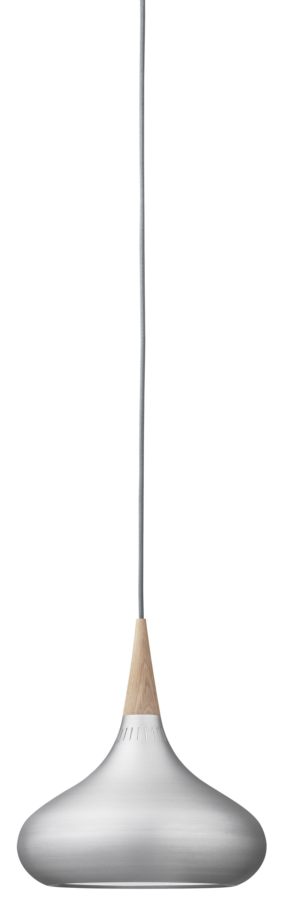 Orient Pendelleuchte in Silber von Fritz Hansen: Moderne Hängelampe mit Holz und grauem Kabel.