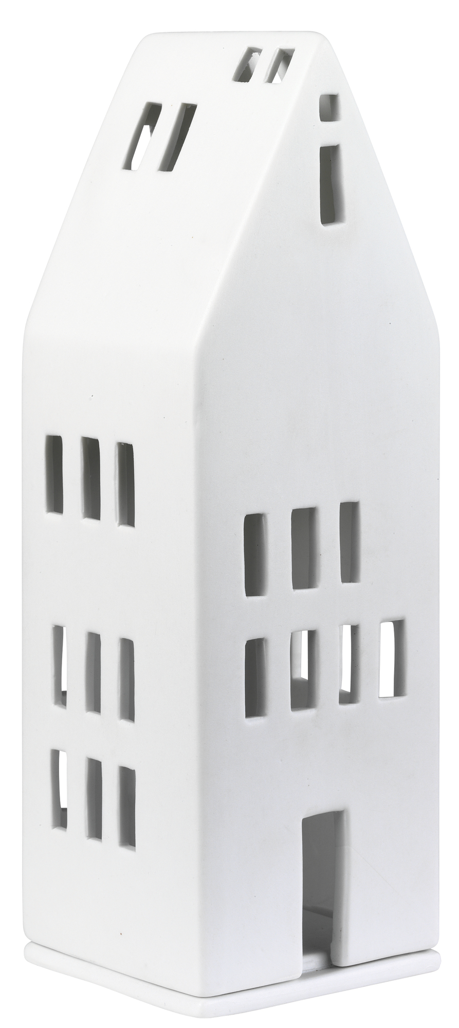 Detailaufnahme des weißen Zuhause Lichthaus mit großen Fenstern, ein dekoratives Keramikhaus für stimmungsvolle Beleuchtung.