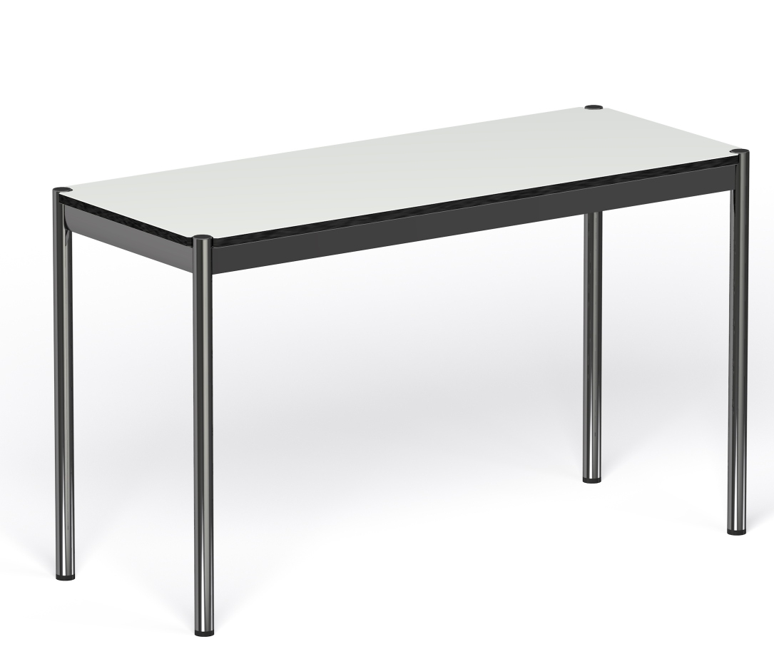 USM Haller Tisch 125x50 cm für Home Office, minimalistisches Design mit weißer Tischplatte und verchromtem Gestell.