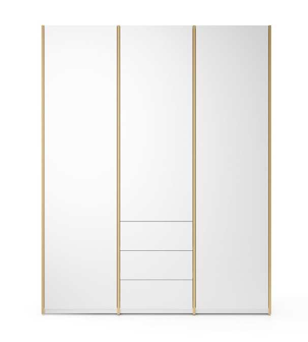 Weißer MODULAR PLUS Schrank von Müller Möbelwerkstätten mit drei Schubladen und goldenen Akzenten.