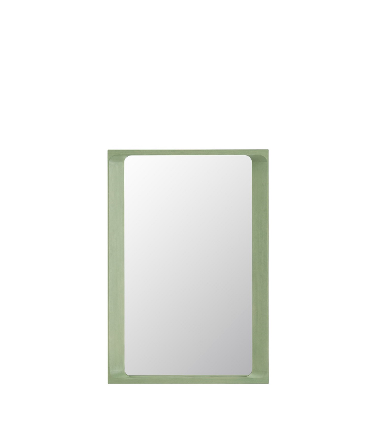 Rechteckiger Muuto Spiegel mit abgerundeten Ecken und grünem Holzrahmen für Wandmontage.