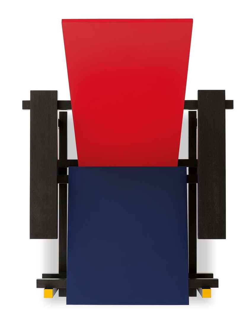 Frontansicht des Cassina 635 Red and Blue Sessel mit roter Rückenlehne und blauer Sitzfläche.