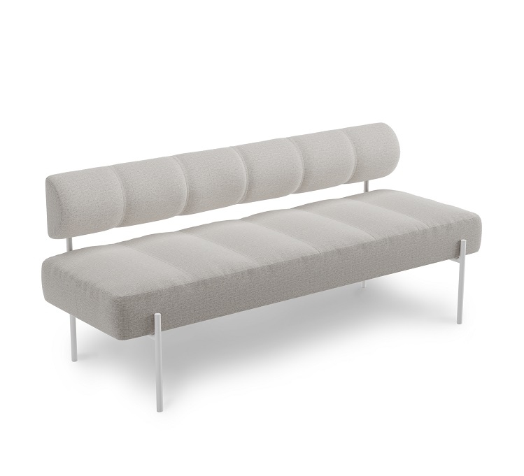 Beige Daybe Esszimmersofa mit Rückenlehne und minimalistischen Metallbeinen, modernes Design für Esszimmer und Wohnbereich.