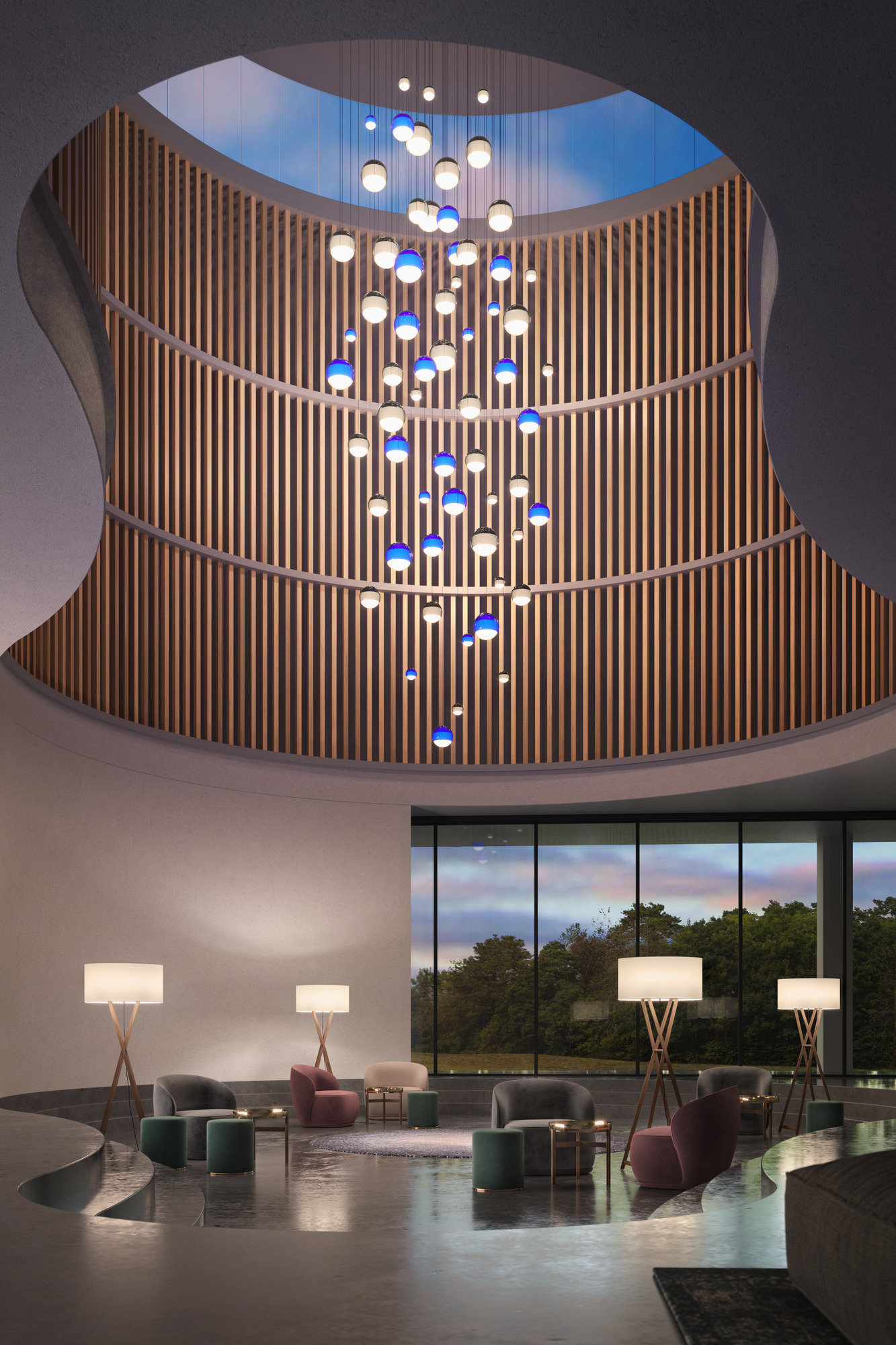 Dipping Light Pendelleuchte mit 20 LEDs in Bernstein, moderne Designerlampe für Wohnräume und Gewerbe.