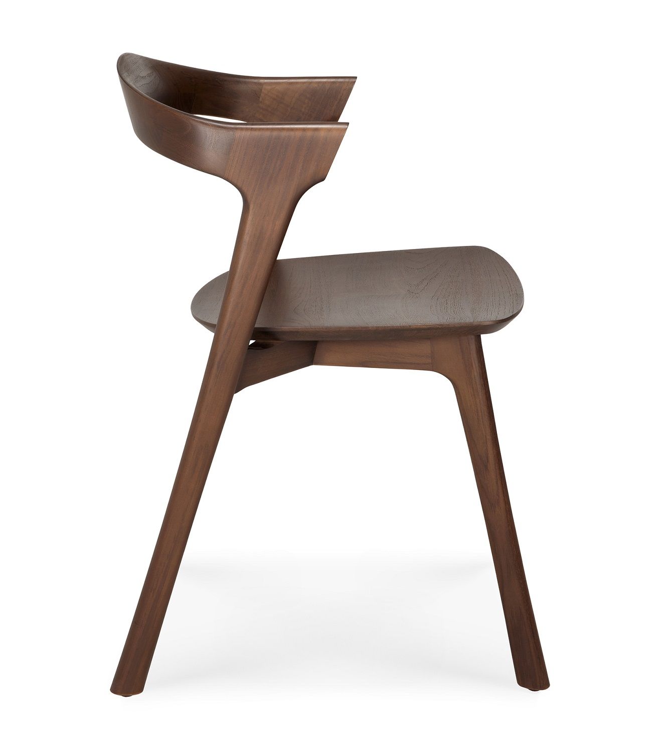 Bok Stuhl aus Teakholz, dunkelbraun lackiert, Ethnicraft, Seitenansicht. Holzstuhl mit Armlehne.