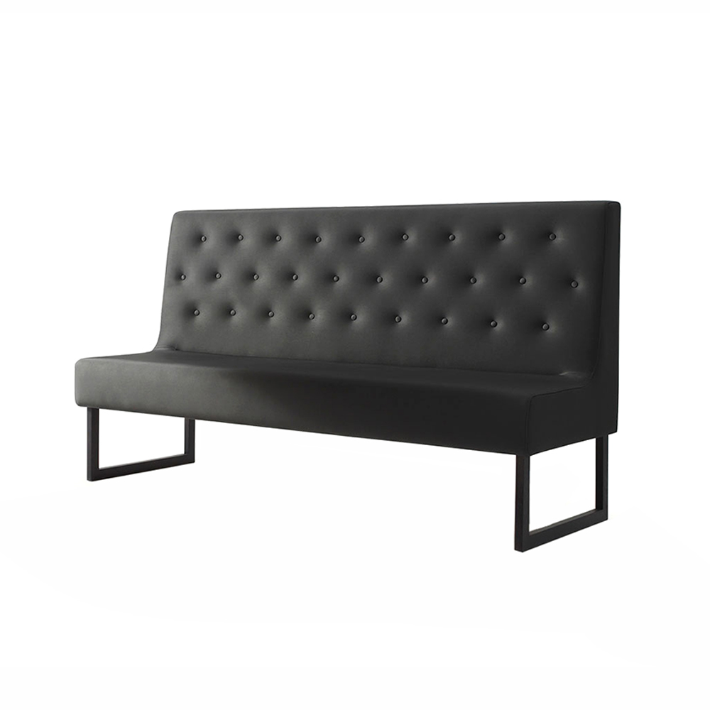 Schwarze Menu Bank Sitzbank mit Knopfheftung und Metallgestell, moderne Polsterbank für Esszimmer und Wohnbereich.