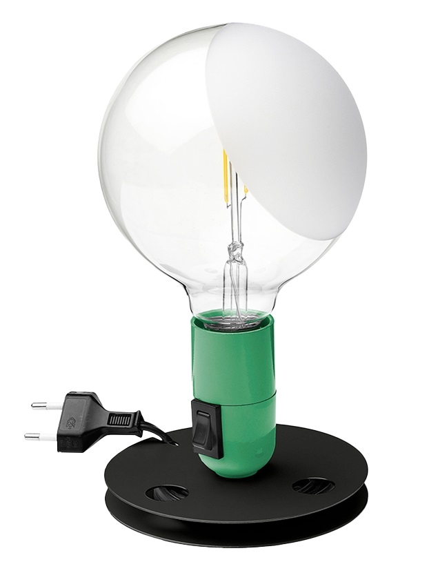 Grüne LED Tischleuchte im Lampadina-Design von Flos. Moderne Lampe mit Dimmer und Leuchtmittel.