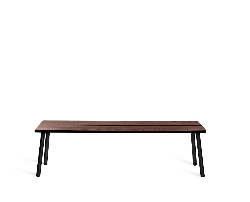 Run Bench 3-Sitzer Bank mit Walnuss-Sitzfläche und schwarzem Gestell, moderne Sitzbank für drei Personen.