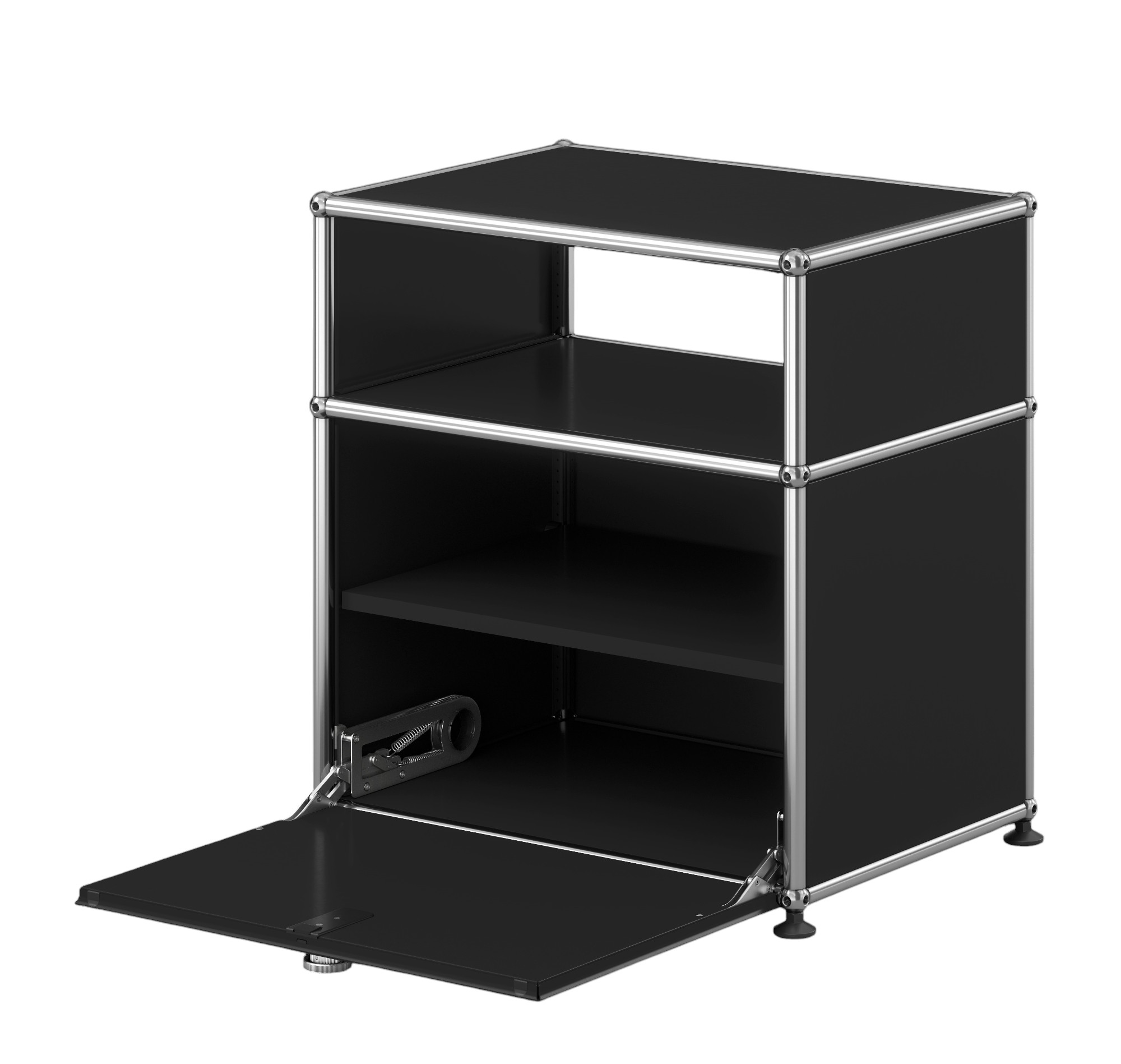 Schwarzer USM Haller Nachttisch mit offener Klapptür und zwei Regalfächern, modernes modulares Design.