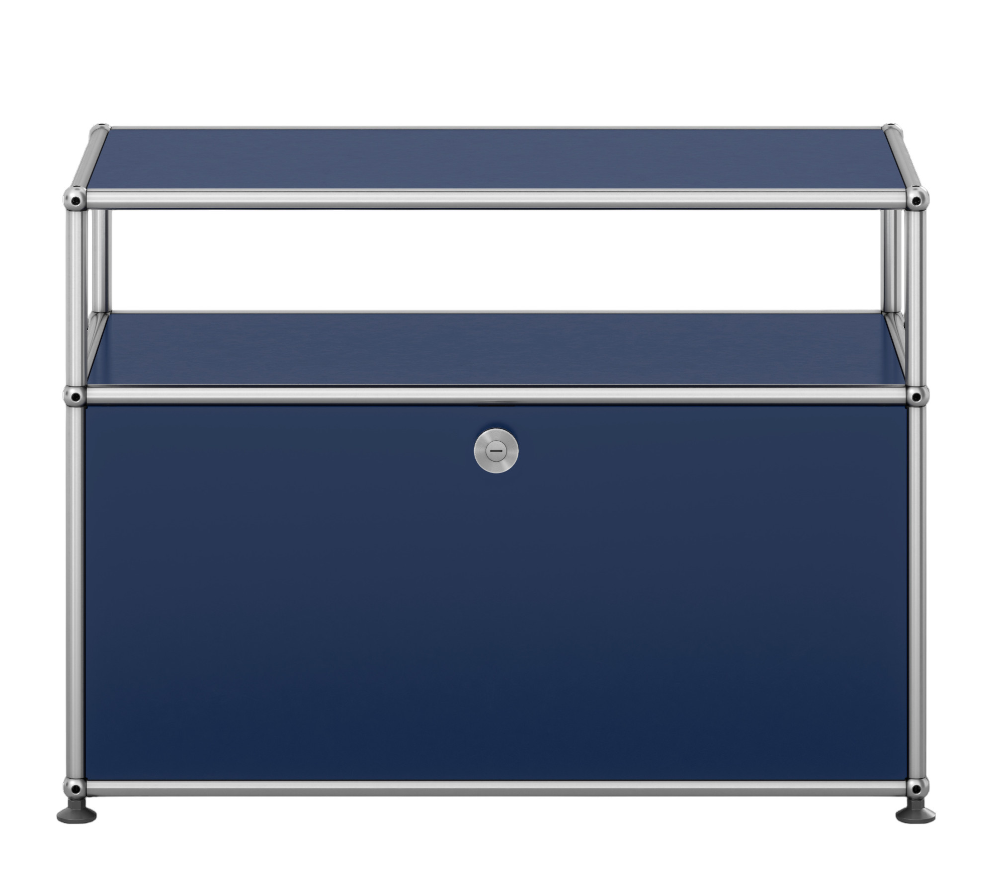 USM Haller Beistelltisch in Stahlblau mit einer Klappe, modernes Designmöbel für Wohn- und Bürobereiche.