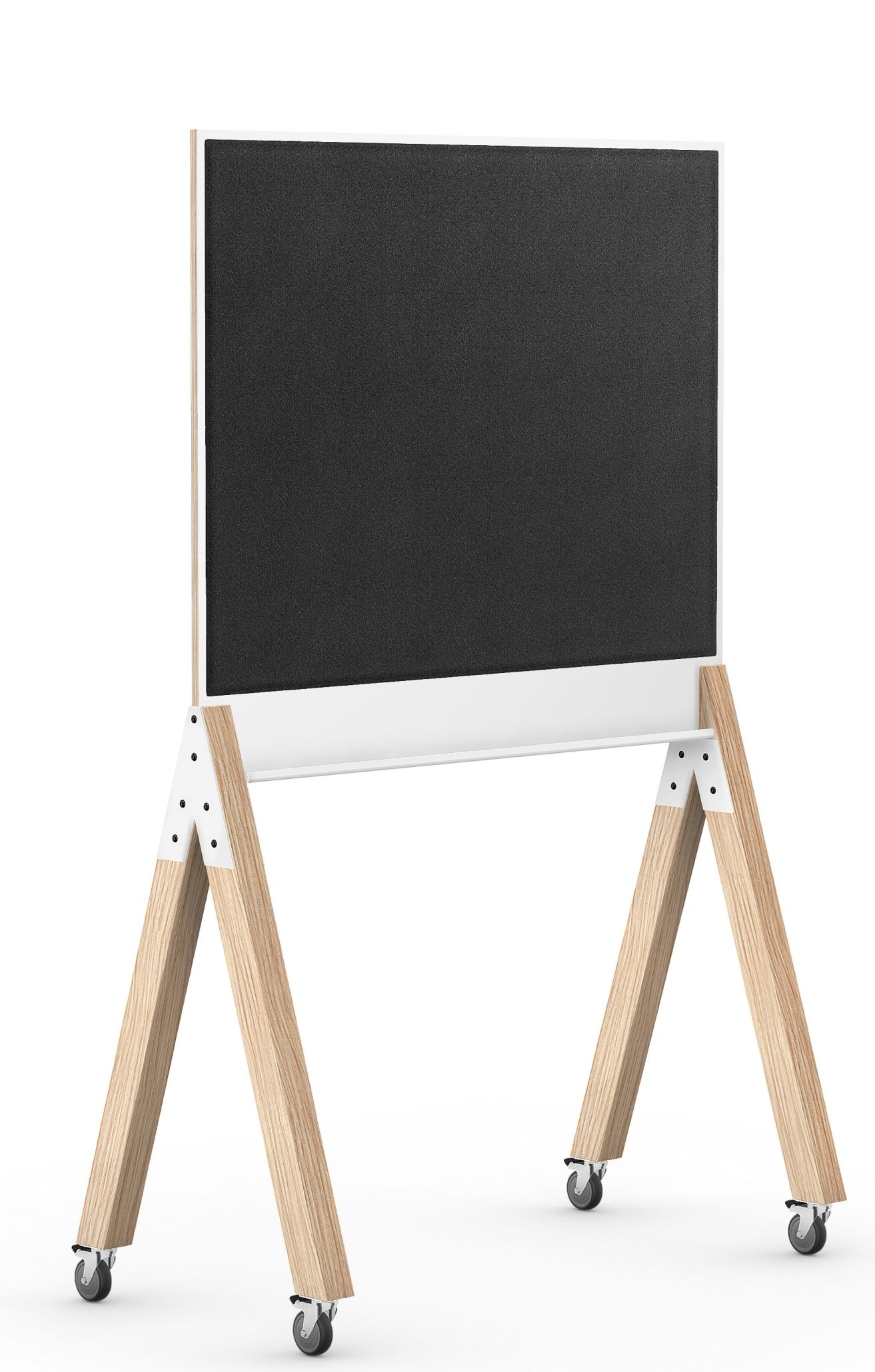 What if We Fly Taskboard: Mobile, mittelhohe Medienwand mit schwarzer Filzoberfläche und hellem Holzgestell.