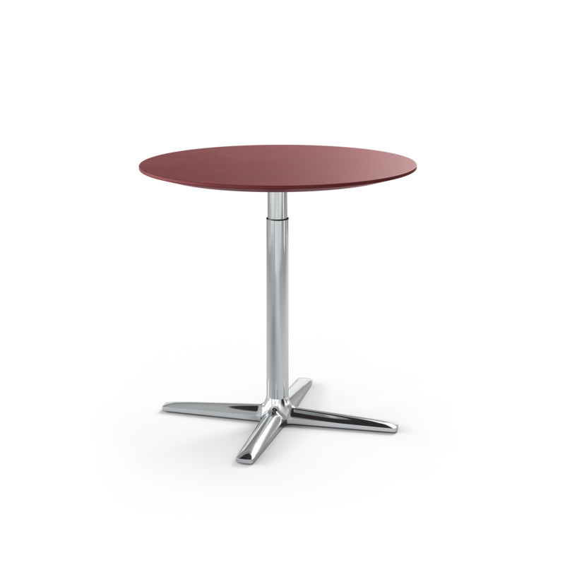 Brunner Lift Tisch: Runder, höhenverstellbarer Mittelsäulentisch mit roter Tischplatte und verchromtem Fußkreuz.