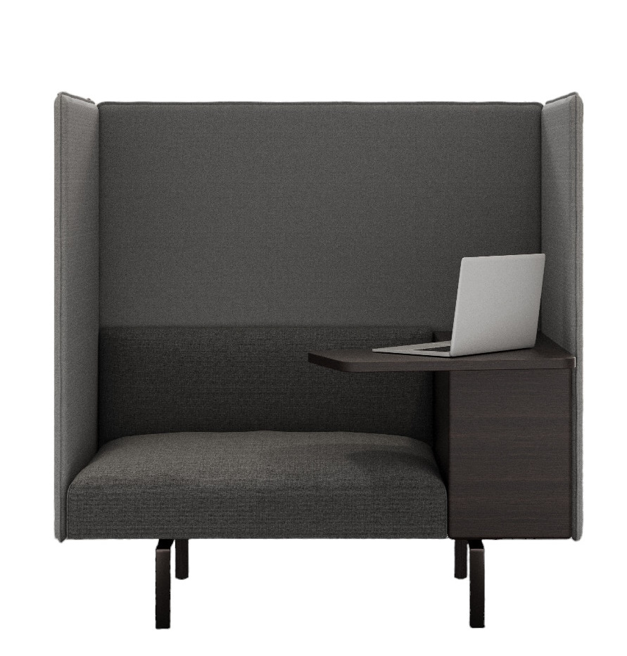 Muud Silent Sessel von Walter Knoll mit Schreibtablar und Laptop, grauer Stoff, moderne Büromöbel.