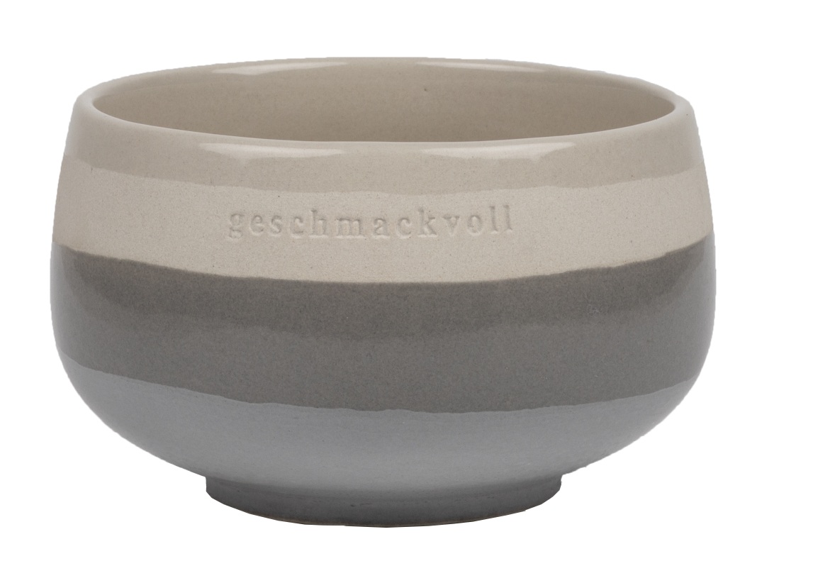 Keramikschale "Geschmackvoll" von Räder, gestreift in Grau- und Beigetönen, für Tischdekoration und Botschaften.