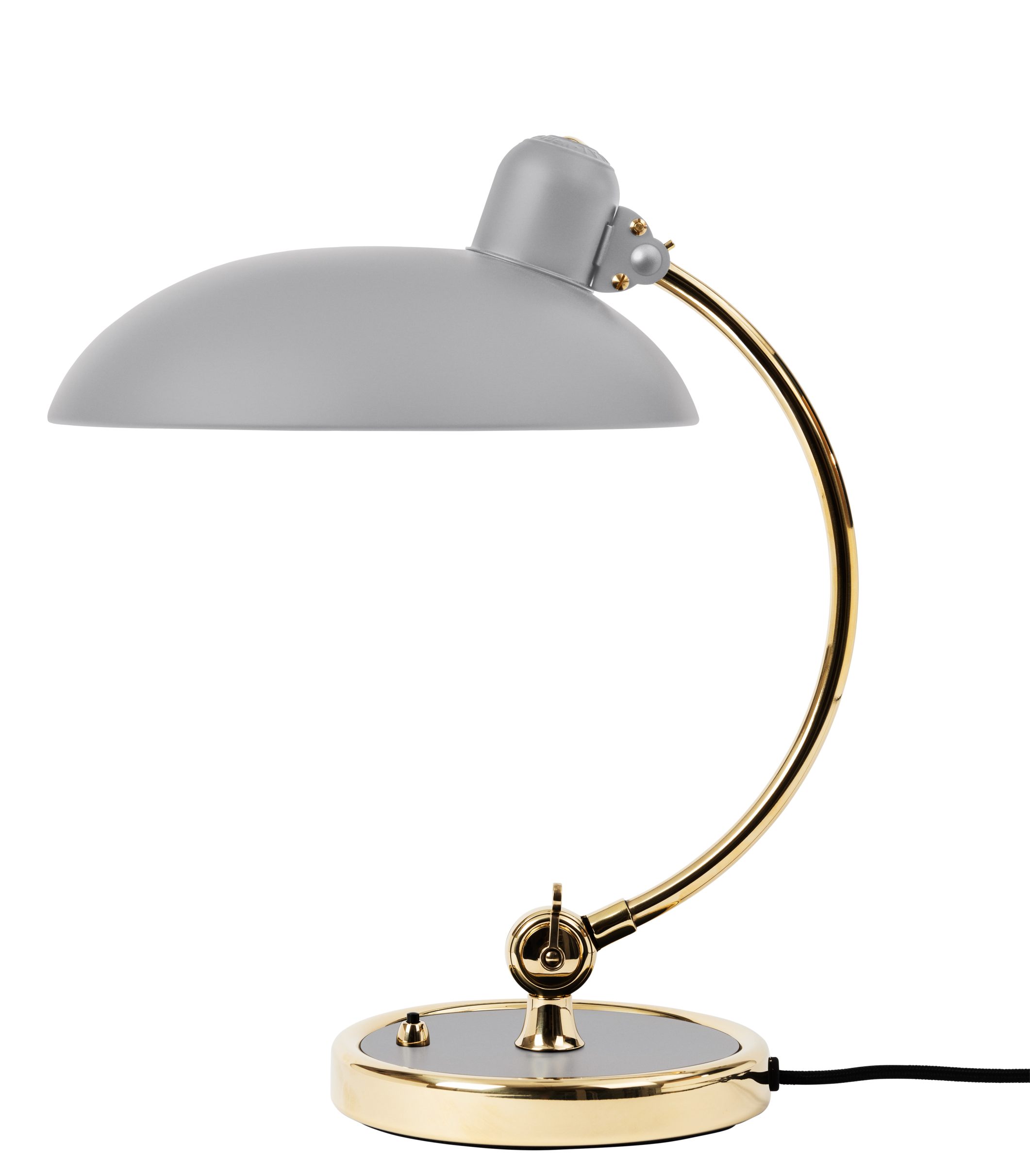 Graue Kaiser Idell Tischleuchte mit goldenem Gestell von Fritz Hansen. Design Lampe.