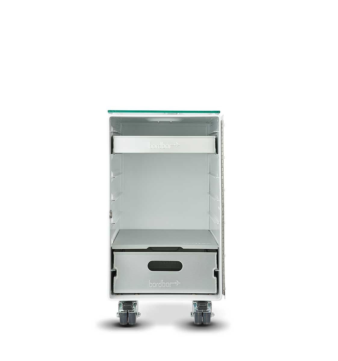 Offene Bordbar Box mit Schublade und Fächern, Nachttisch oder Zubehör-Set für Flugzeug-Trolleys.